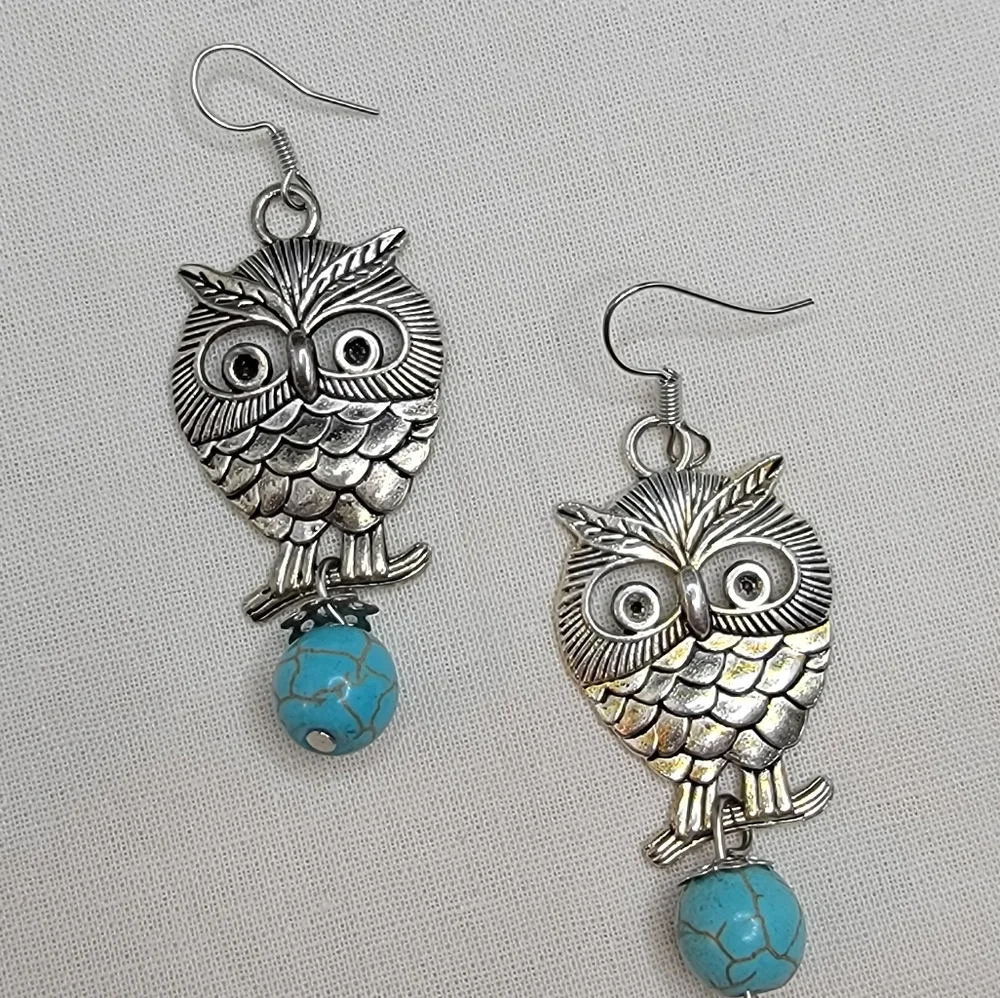 Turquoise Owl Earrings Silver Tone